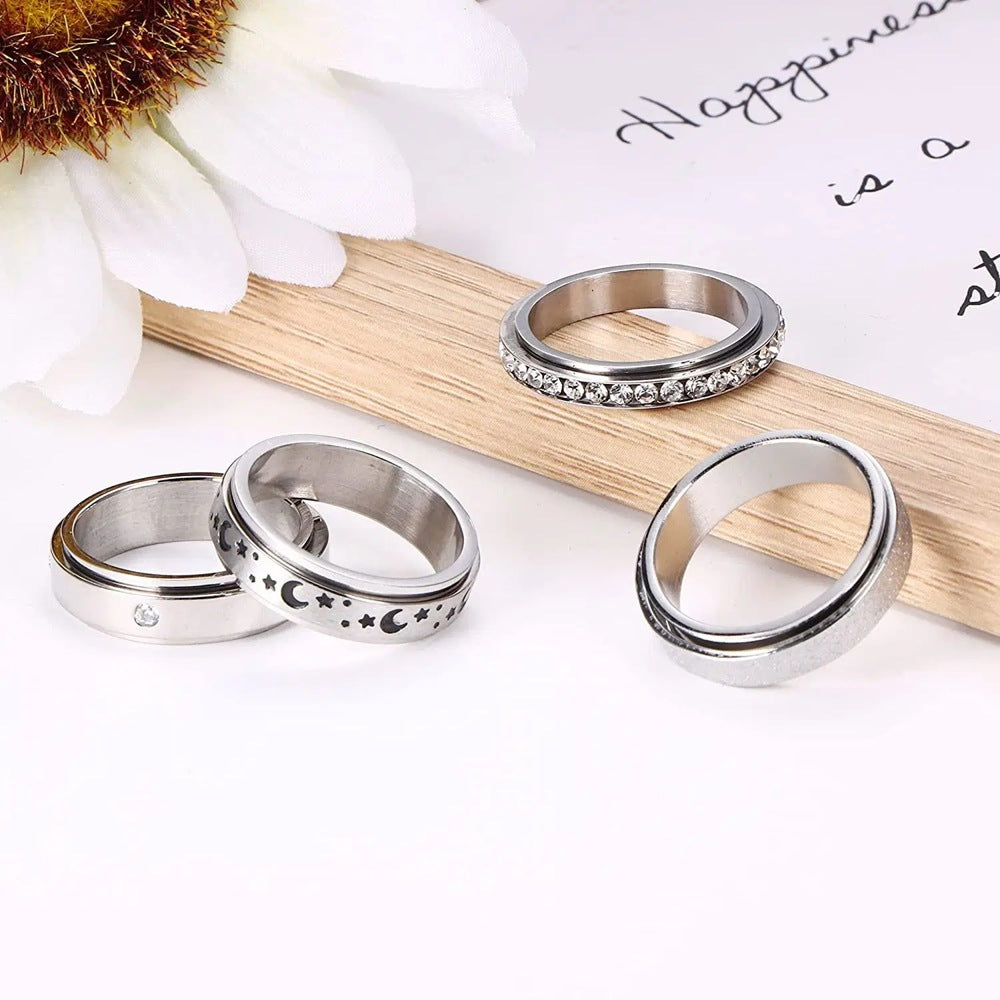 Planderful Titanium Steel Rotating Ring Set For Couples Unisex Premium Durable Jewelry Moon Star Design Protection