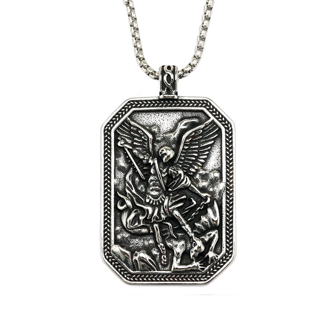 Vintage St. Michael Angel Stainless Steel Men's Pendant Necklace