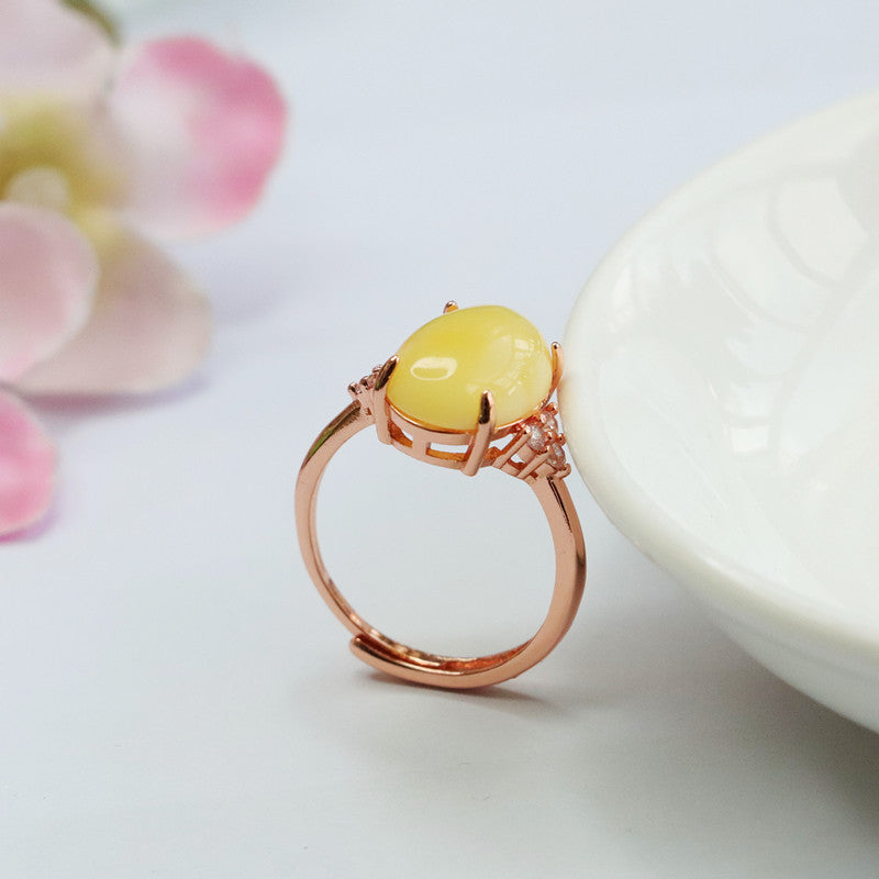 Golden Honey Beeswax Amber Ring with Sterling Silver