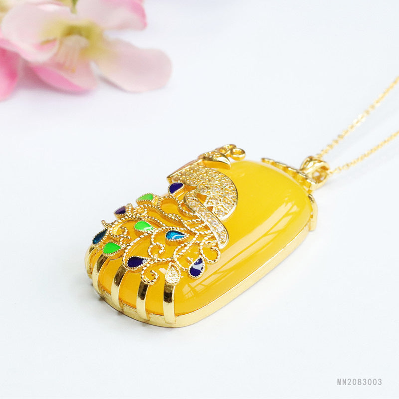 Yellow Chalcedony Cloisonné Phoenix Plaque Pendant — No Chain