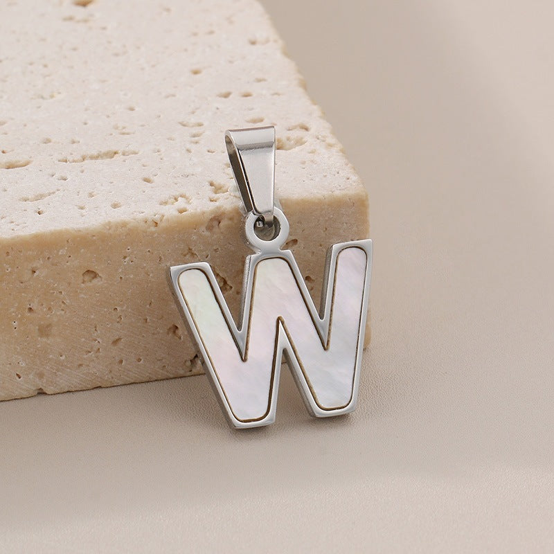 Women's'S Titanium Steel 26-Letter Pendant, White Fritillary Inlaid Stainless Steel Necklace