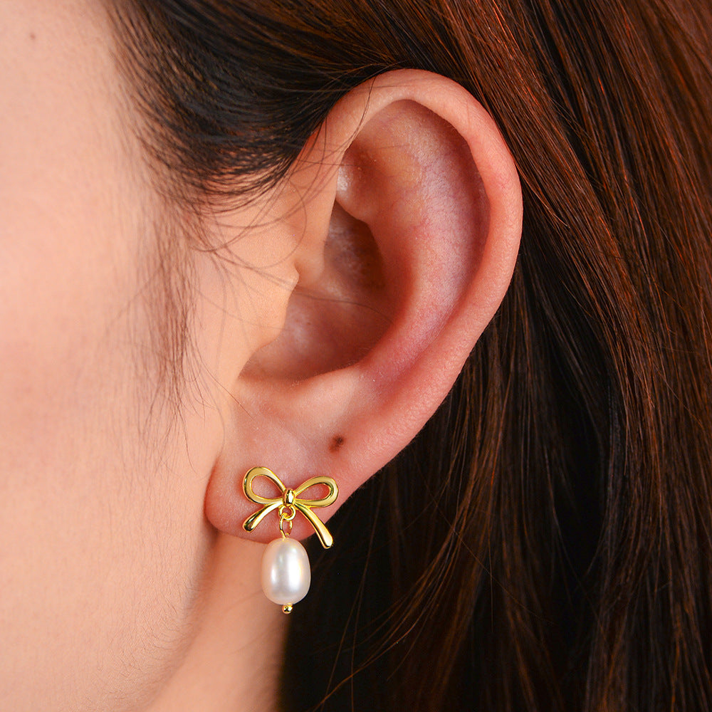 Planderful Sterling Silver Pearl Earrings Bow Pendant Natural Freshwater Pearls for Women Luxury Everyday