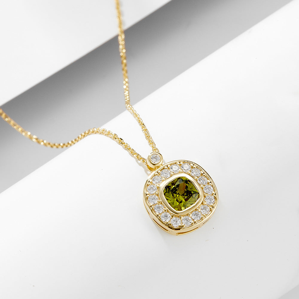 S925 Sterling Silver Square Zircon Pendant Necklace Olivine High Sense
