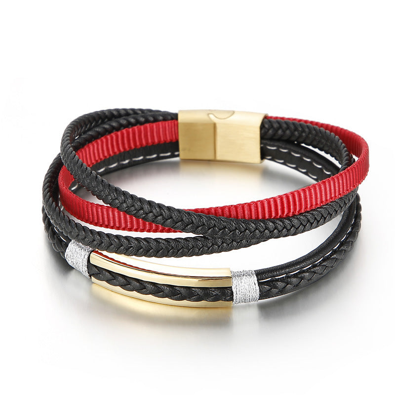 Planderful Titanium Steel Men Bracelet Multi Layer Cowhide