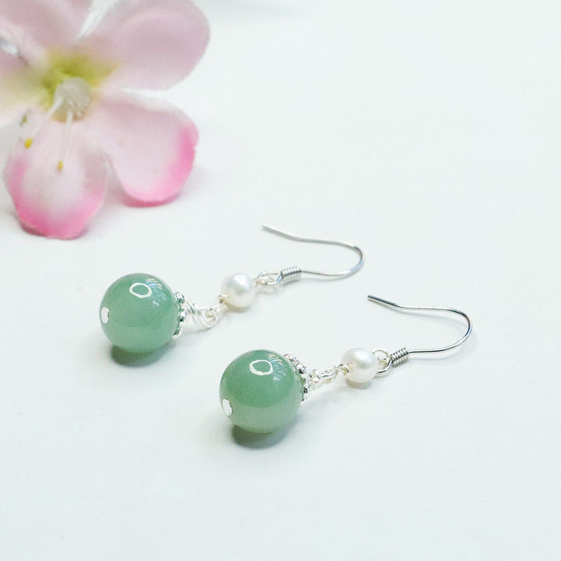 925 Sterling Silver Jadeite & Pearl Hook Earrings