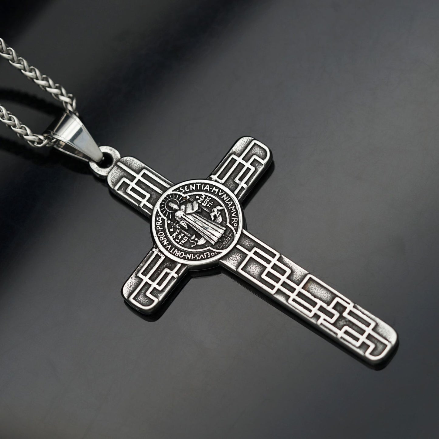Stainless Steel Necklace - Statement Men's Cross Necklace in Antique Silver Finish