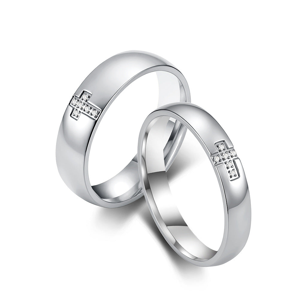 Stainless Steel Gold-Plated Zircon Cross Ring Unisex Couple Wedding