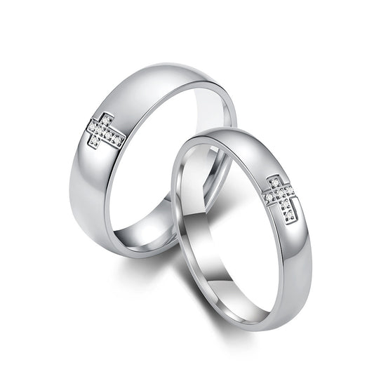 Stainless Steel Gold-Plated Zircon Cross Ring Unisex Couple Wedding
