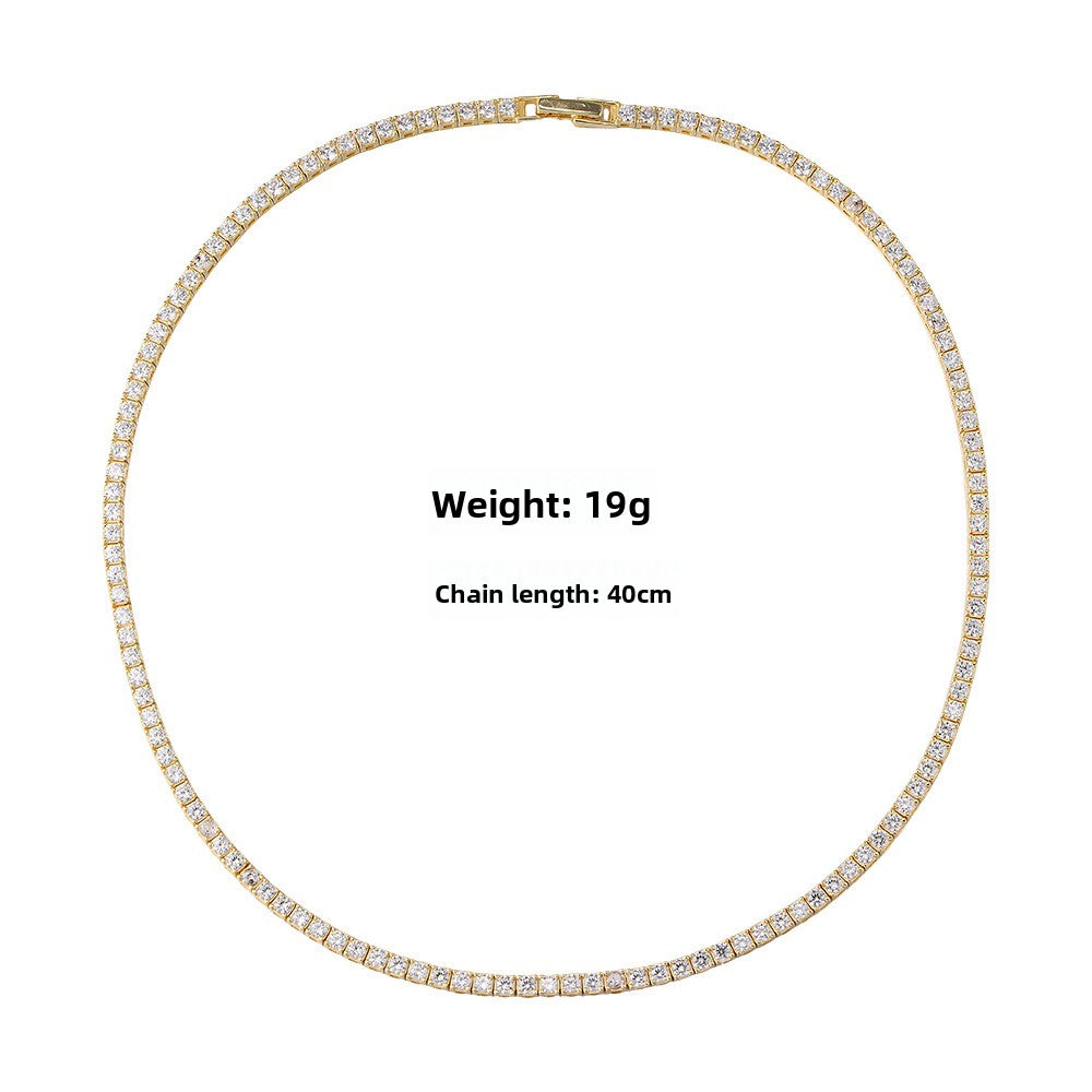 S925 Sterling Silver Gold-Plated Full Zircon Tennis Necklace Hip-Hop 2.5mm Single-Row