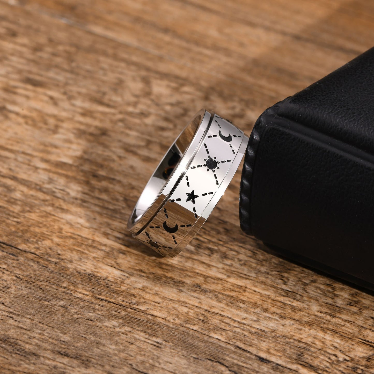 Stainless Steel Corroded Sun Moon Rotatable Ring for Men