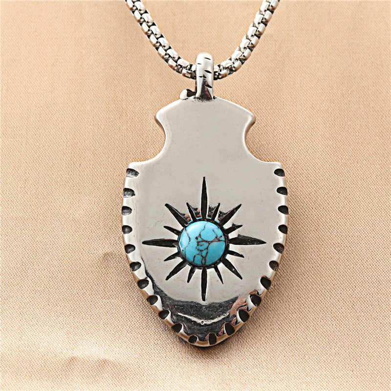 Personalized Titanium Steel Turquoise Shield Pendant Necklace for Men - Retro Punk Trendy Design