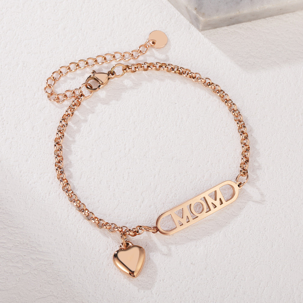 Planderful Rose Gold MOM Bracelet For Moms With Peach Heart Charm Japanese Korean Sweet Letters Everyday Gift