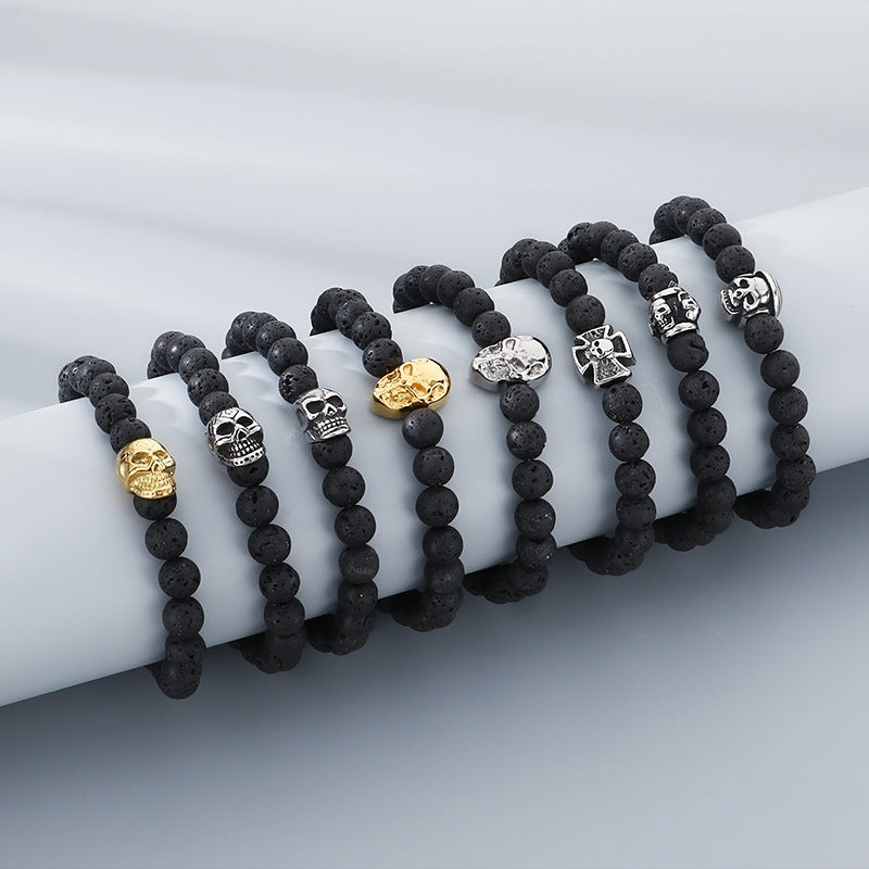 Planderful Men Skull Beaded Elastic Bracelet Volcanic Stone