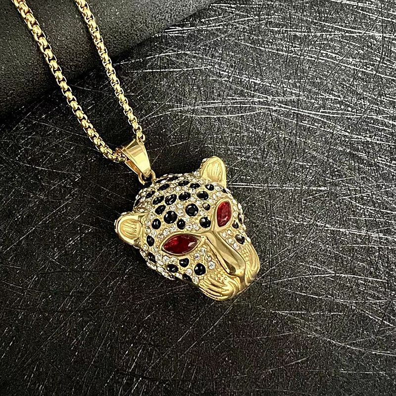 Planderful Leopard Head Pendant Stainless Steel Green Red Zircon Eyes Unisex Hip Hop Jewelry