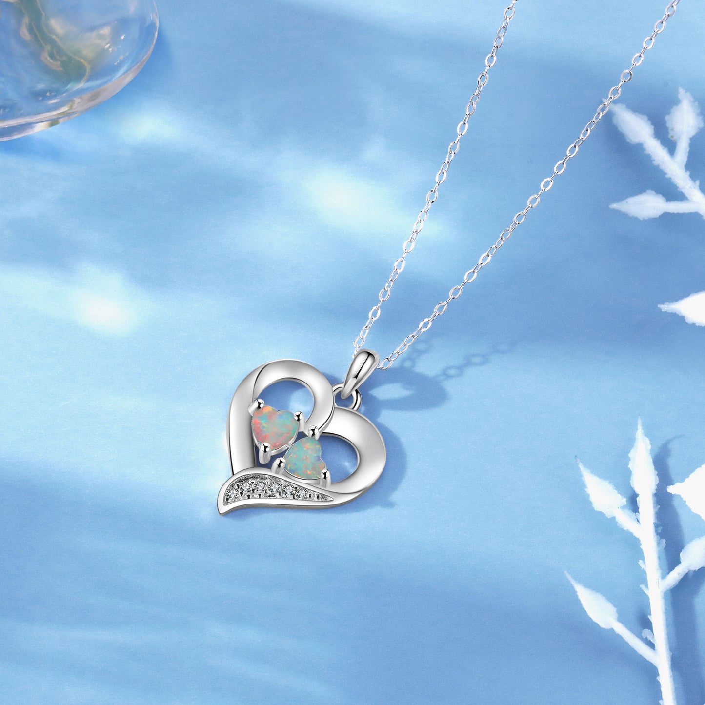 Double Heart Shape Opal Zircon Love Sterling Silver Necklace