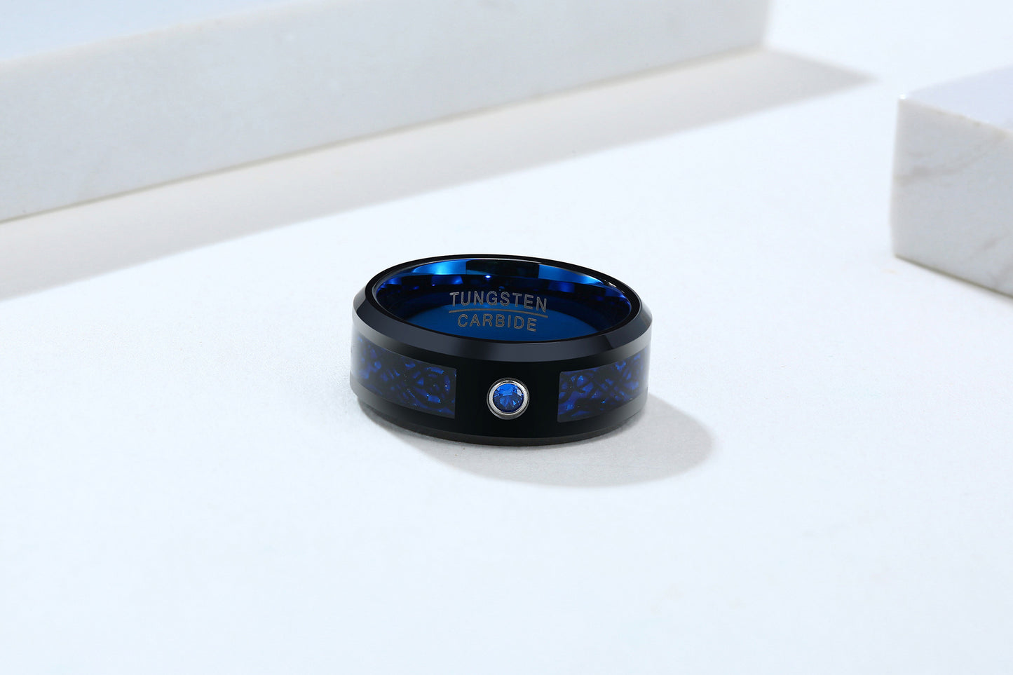 Blue And Black Carbon Fiber Tungsten Steel Ring 8MM Men