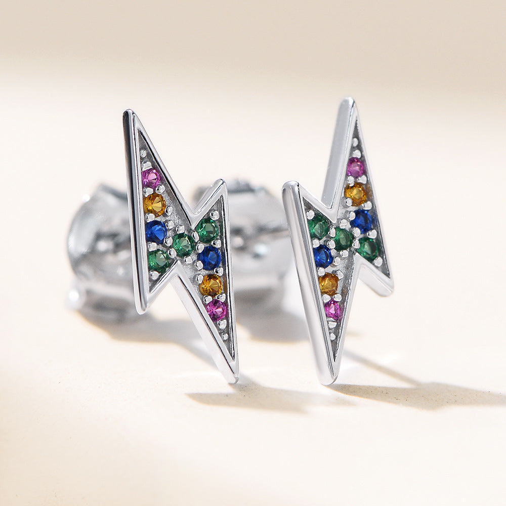 S925 Sterling Silver Micro-Inlaid Colored Zircon Stud Earrings Korean Version Geometric Lightning Earrings