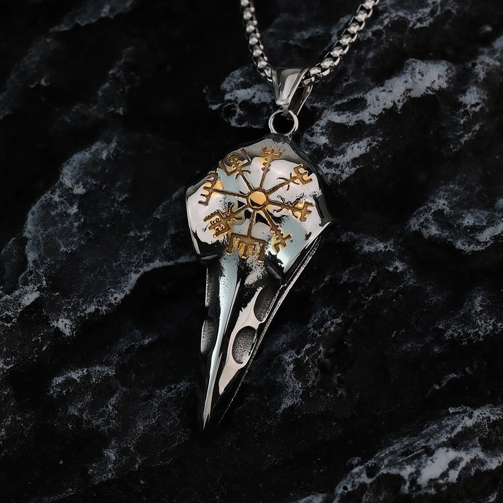Vintage Stainless Steel Men's Pendant Viking Crow Compass Necklace