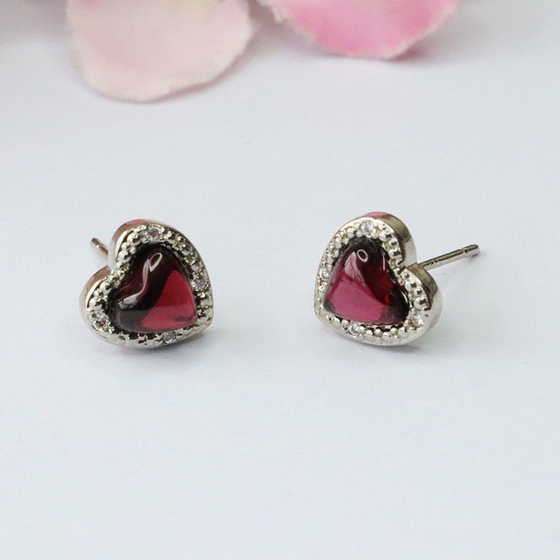 Garnet Heart 925 Silver Stud Earrings