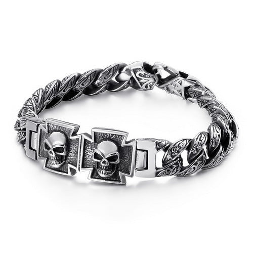 Antique Hand – Trends Skull Cross Inlaid With Zircon Titanium Steel Bracelet Men
