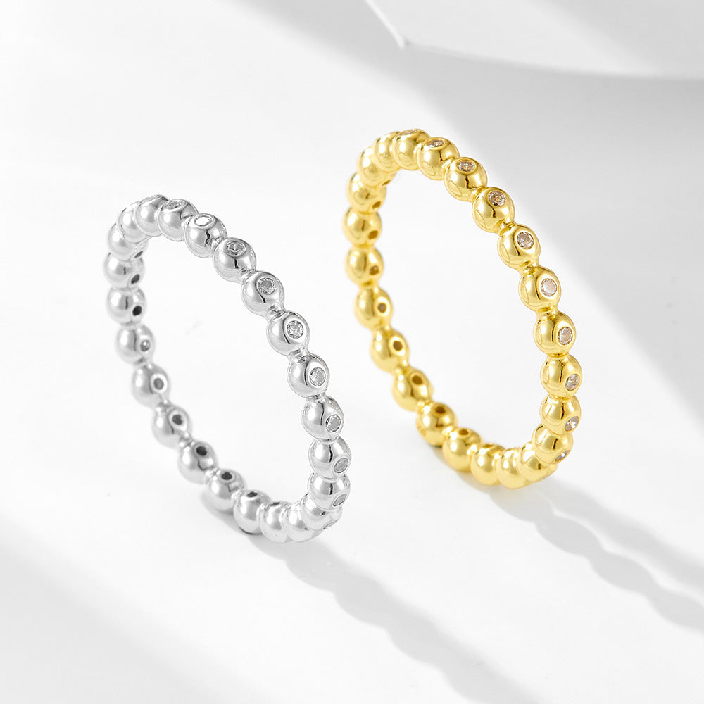 Small Round Bead Inlaid Zircon Sterling Silver Ring