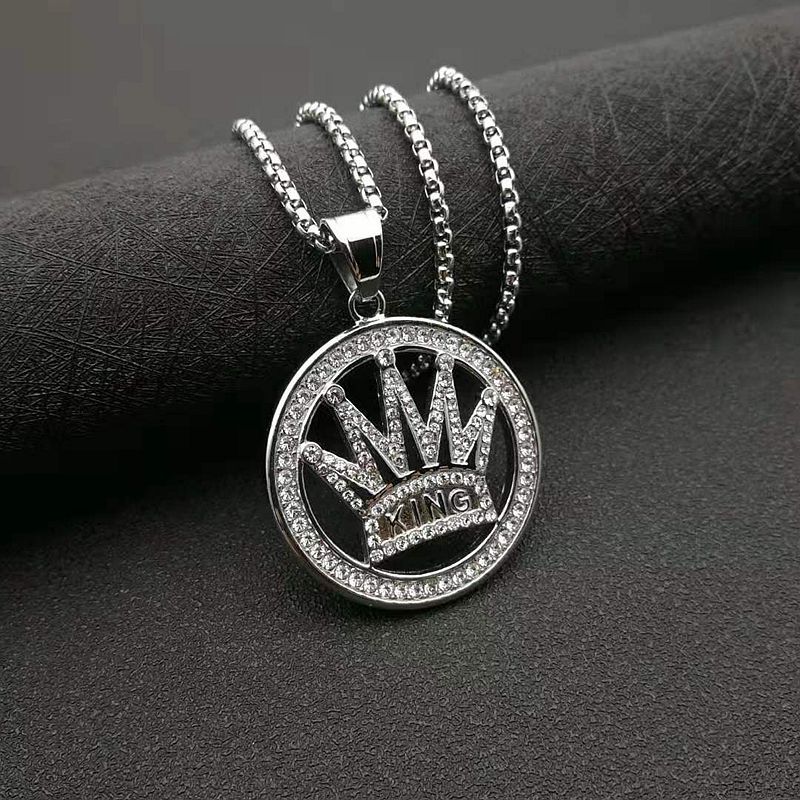 Planderful Hip Hop Crown Pendant Necklace Stainless Steel Gold Plated Rhinestones For Trendsetting Men