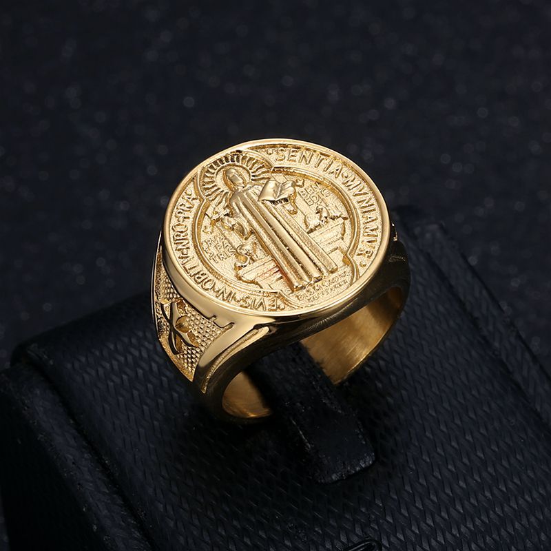 Planderful Saint Benedict Ring For Men Stainless Steel Gold Plated Hip Hop Jewelry Durable Statement