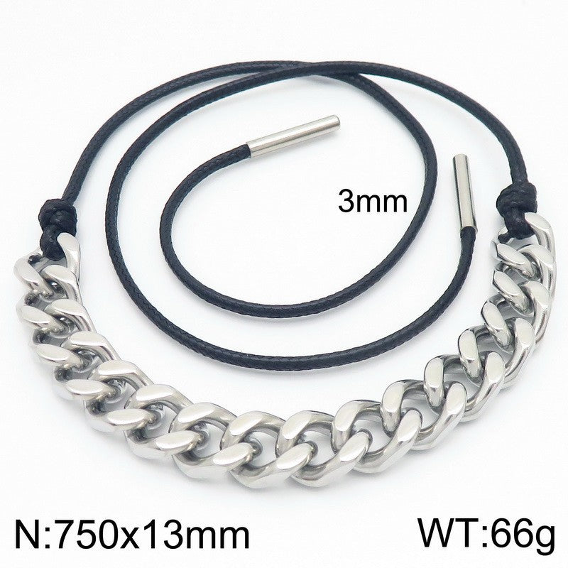 Vintage Necklace, Western Denim Black Wax Rope Splicing Cuban Chain, Long Adjustable Stainless