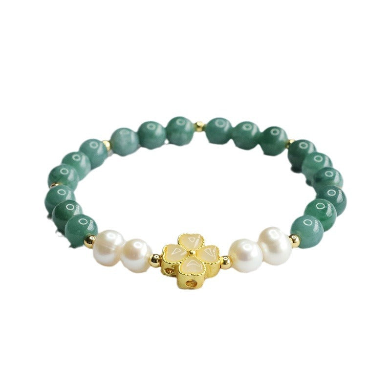 Blue Water Jadeite Four-Leaf Clover & Pearl Beaded Bracelet