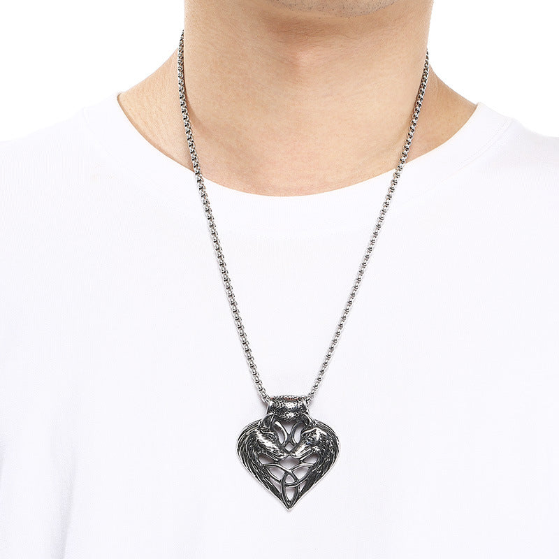Viking Double Wolf Head Love Knot Pendant Punk Style Retro Cross Feathered Eagle Necklace