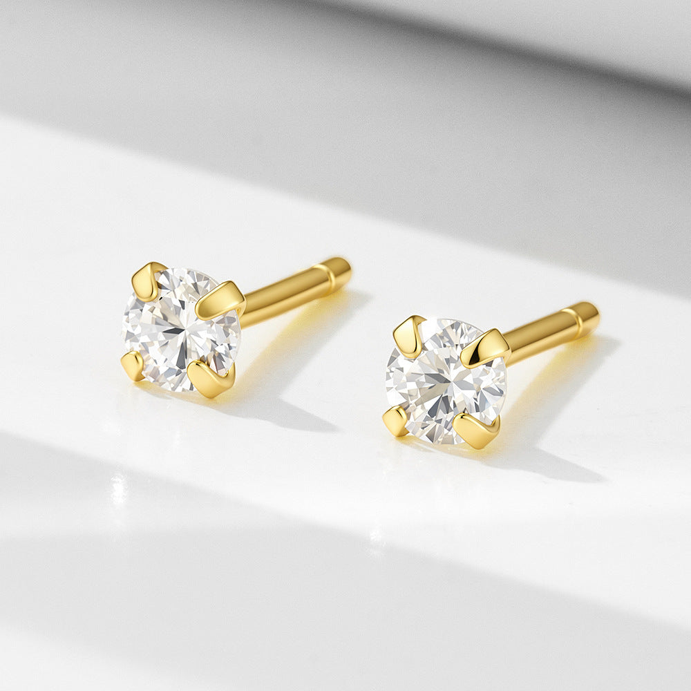 925 Sterling Silver Four-Claw 3mm Zircon Mini Small Stud Earrings, And Round Ear