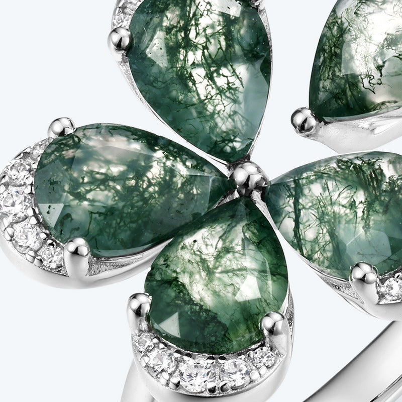 Planderful Jewelry Sterling Silver Moss Agate Ring Open Flower Design Adjustable Fit