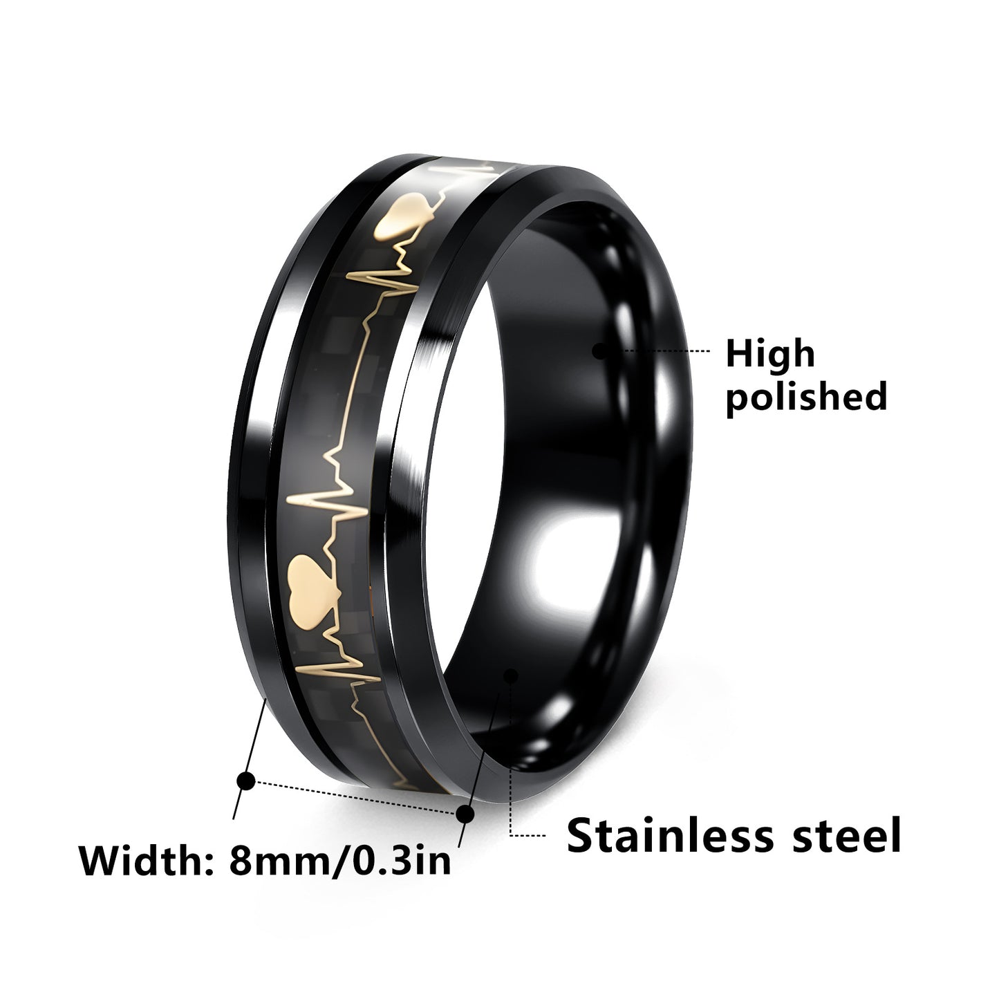ECG Heartbeat 8mm Carbon Fiber Ring For Valentines Day Couples Unisex Titanium Steel By Planderful Everyday Genie