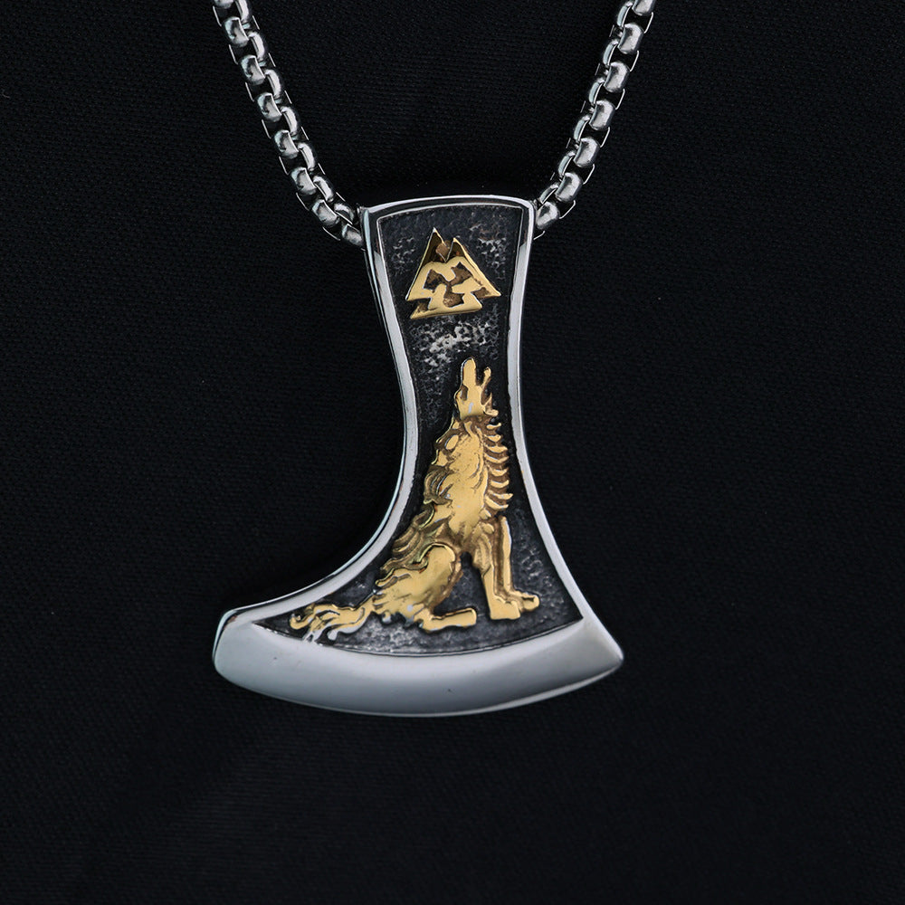 Vintage Men's Stainless Steel Viking Triangle Wolf Pendant