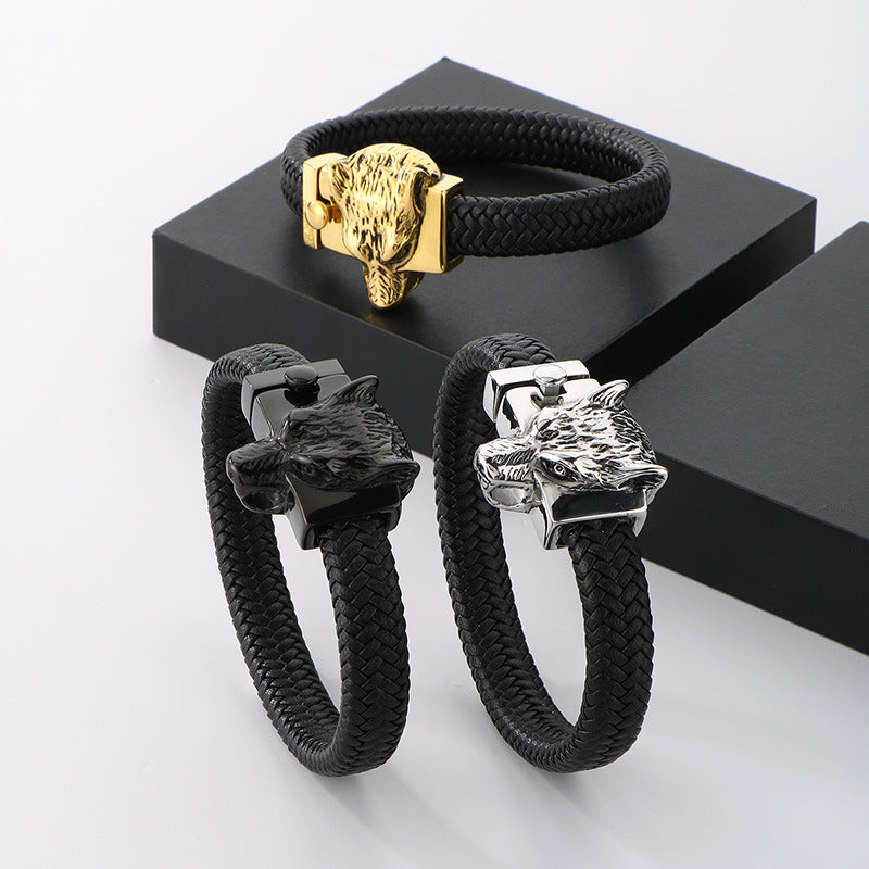 Planderful Mens Leather Wolf Head Bracelet Punk Style