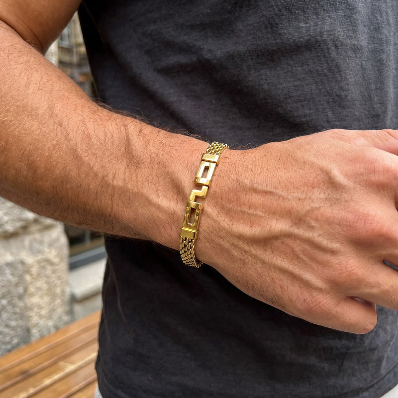 With Extension Chain Bracelet – Hip-Hop Back Pattern Labyrinth Curved Bar Mesh Chain