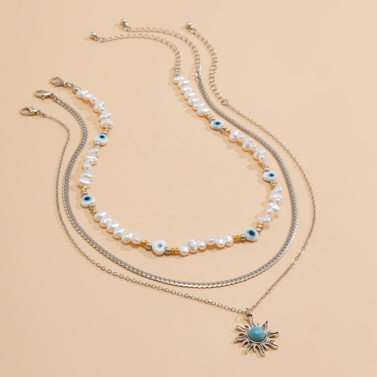 Court Retro Devil'S Eye Necklace Sun Pendant Irregular Pearl Multi-Layer Stacked Necklace