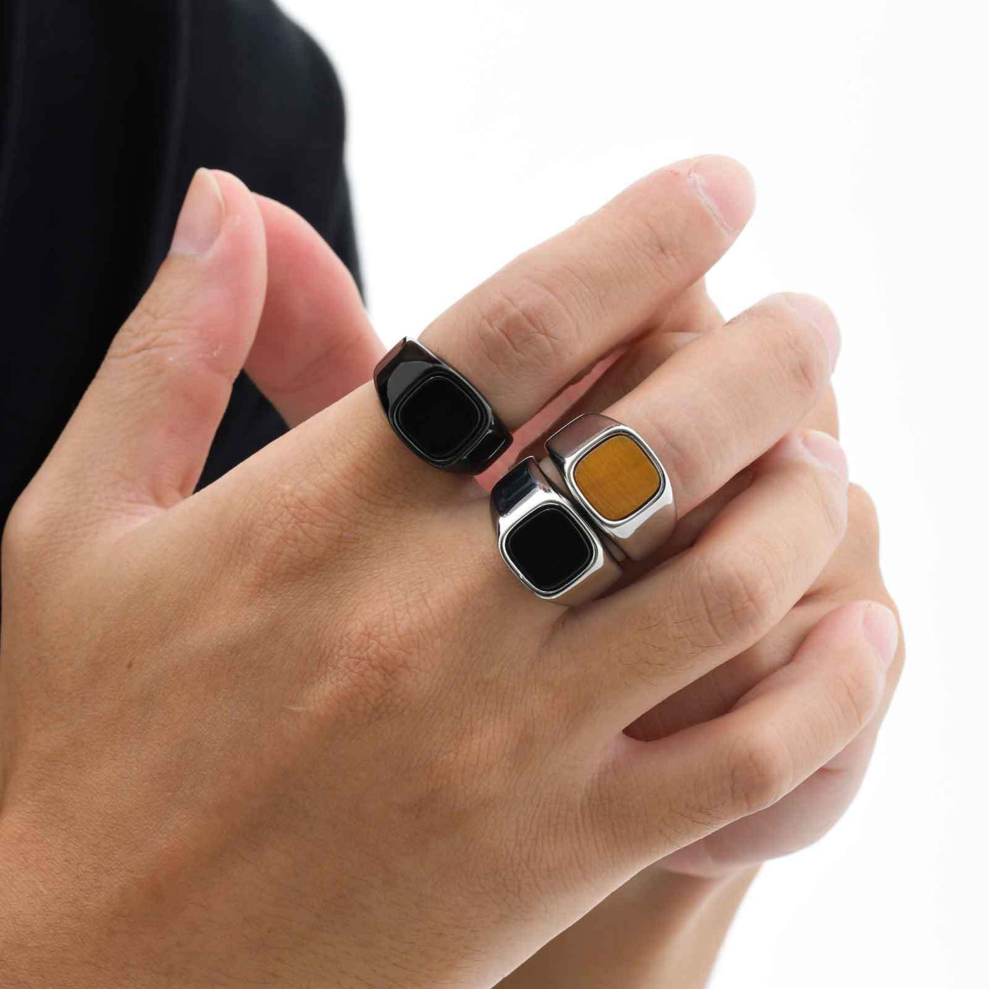 Stainless Steel Tiger Eye Men Ring Square Index Finger