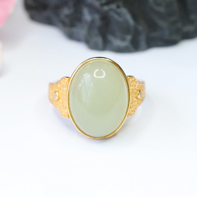 S925 Sterling Silver Adjustable Ring with Natural Hotan Jade Cloudscape Pattern