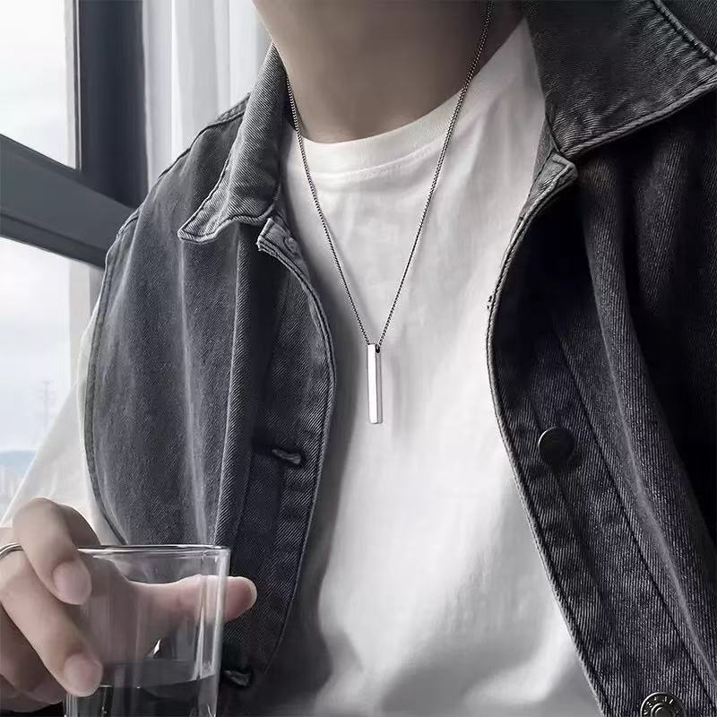 Planderful Jewelry Stainless Steel Long Square Pendant Necklace For Men Collarbone Chain Hip Hop Style