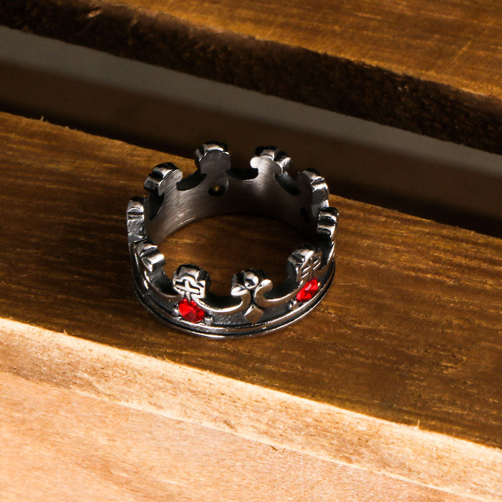 Titanium Steel Crown Men's Ring – Antique Red Zircon Men's Ring – Punk Knight Ring.