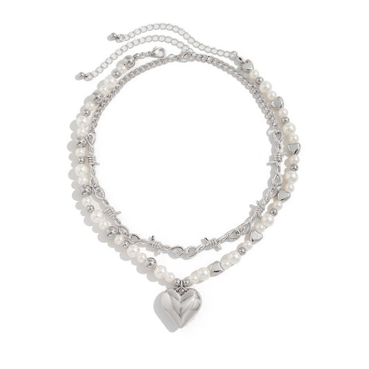 Heart Pendant Pearl-Style Chain Necklace