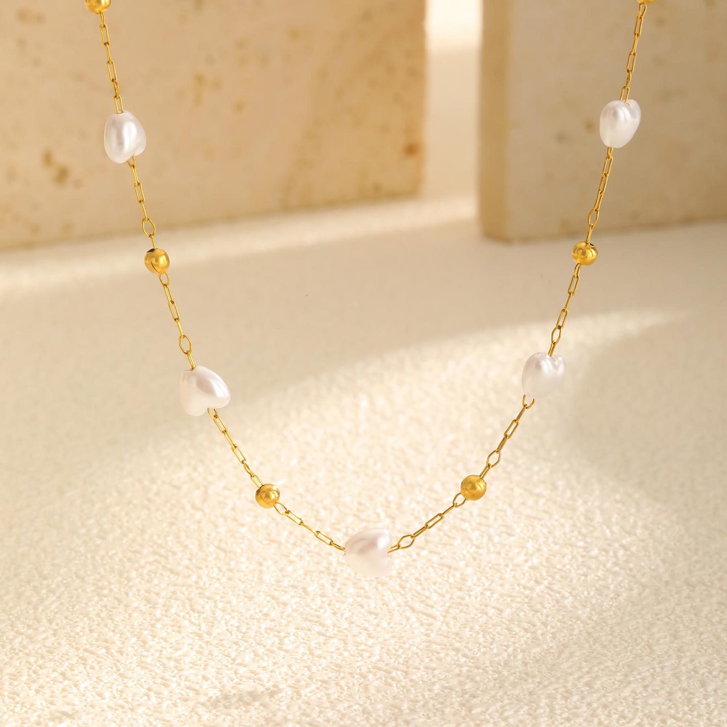 Stainless Steel Round Bead Heart Imitation Pearl Necklace Bracelet Gold Ladies Elegant