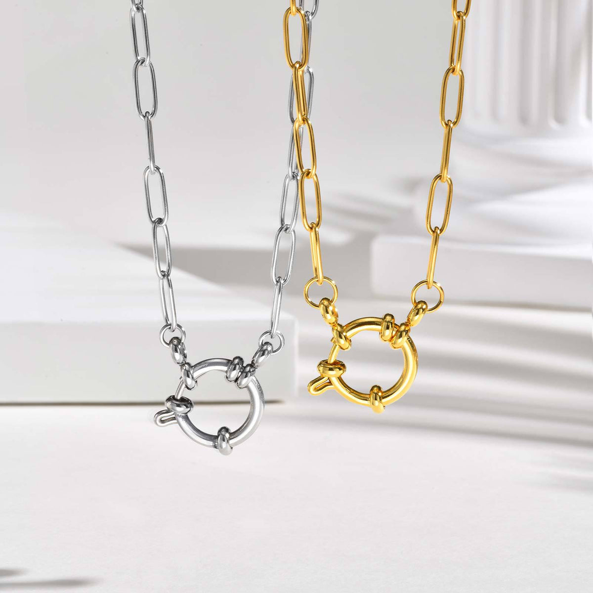 Stainless Steel Rectangle Chain Bubble Buckle Necklace Gold