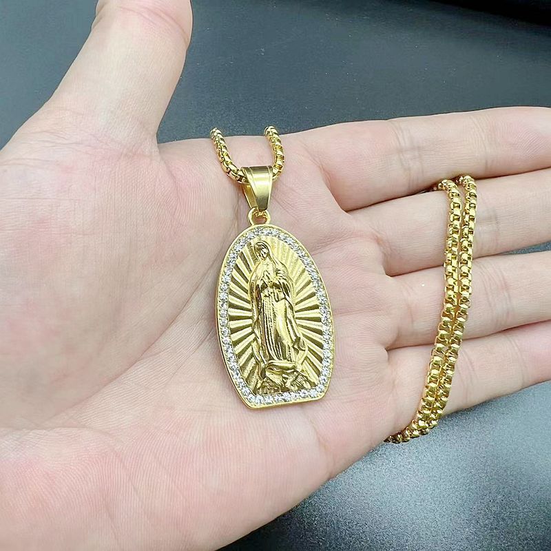 Planderful Virgin Mary Pendant Necklace Titanium Steel Gold Plated Rhinestones For Hip Hop Fans