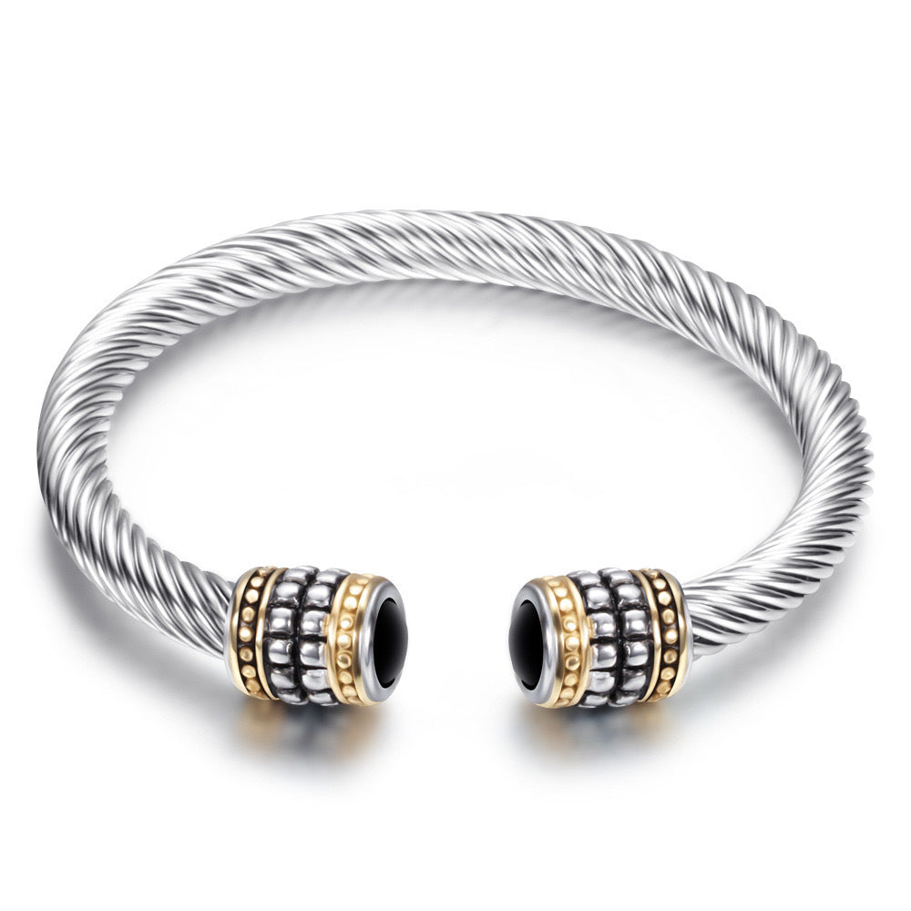 Planderful Everyday Genie Unisex Timeless Two Tone Stainless Steel Bracelet With Twisted Wire Zircon Inlays