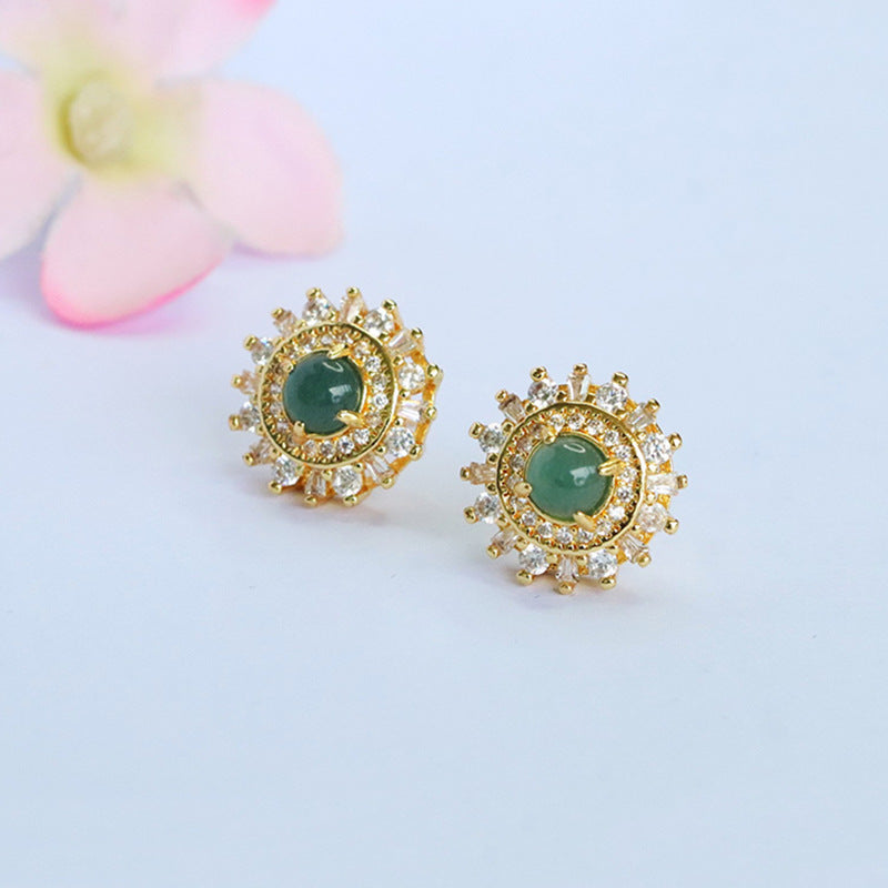 Blue-Water Jadeite Sunflower Stud Earrings