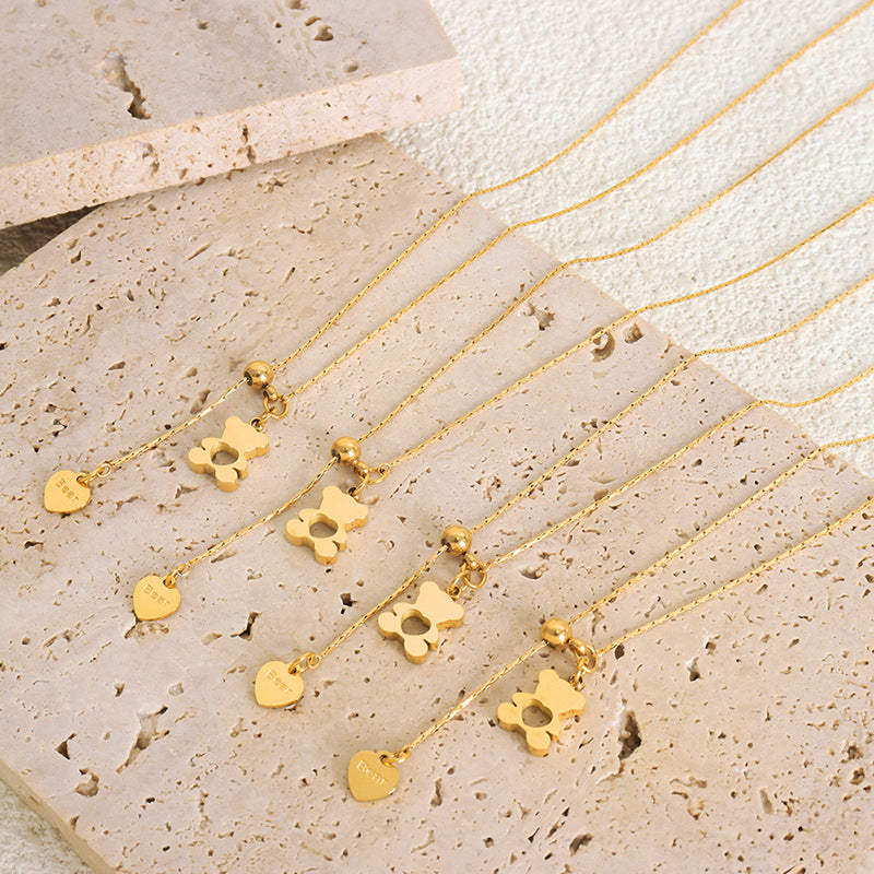 Hollow Love Teddy Bear Titanium Necklace with Adjustable Collarbone Clasp