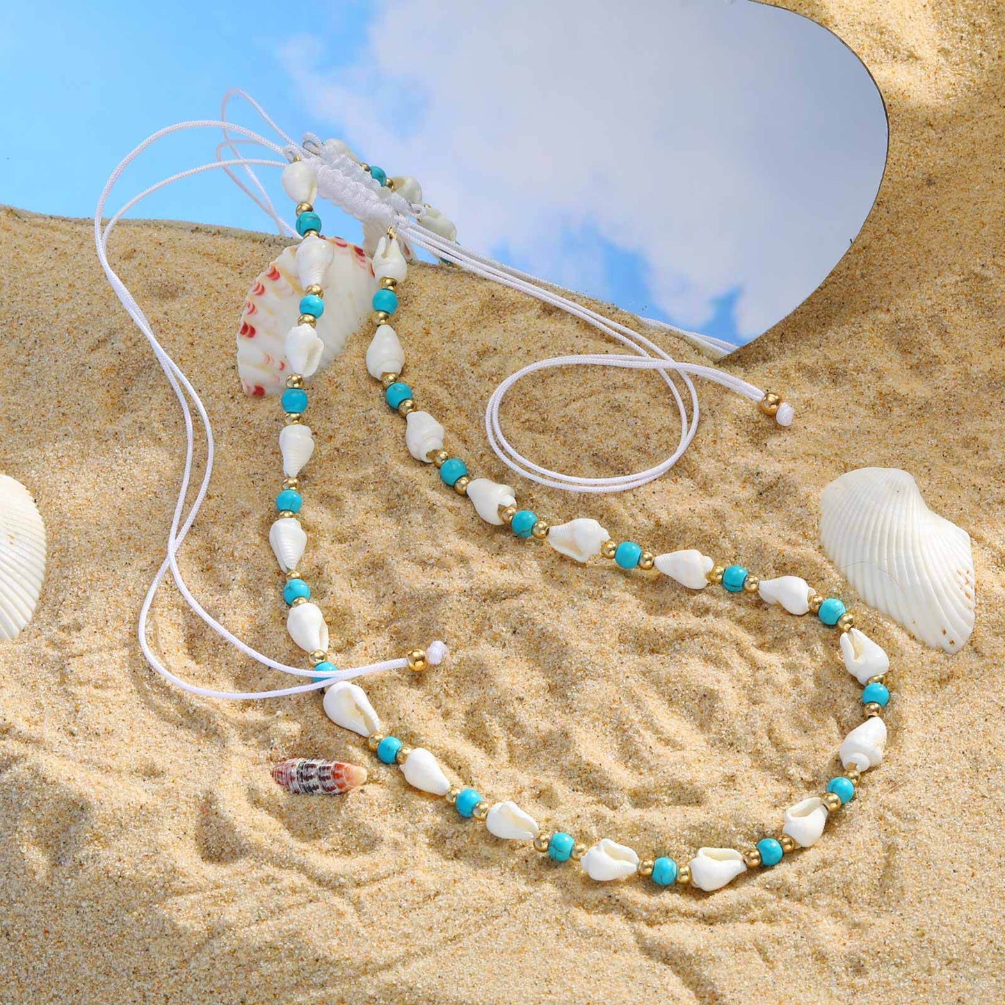 Ocean Wind Stainless Steel Ball Shell Blue & White Beaded Adjustable Necklace Casual