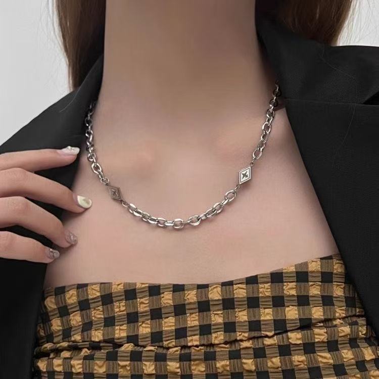 Planderful Jewelry Stainless Steel Rhombus Necklace For Men Cuban Collarbone Chain High End Design